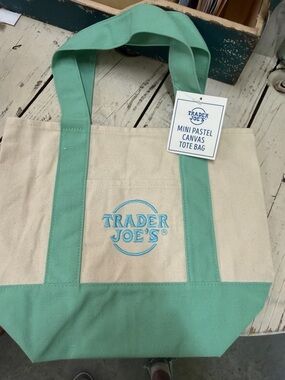 Trader Joe's Mini Pastel Canvas Tote Bag - Mint/Beige